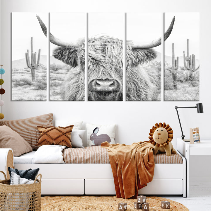 Rustic Charm | Cow Longhorn Black White Bighorn Wall Art Canvas Print | Farmhouse Wall Art