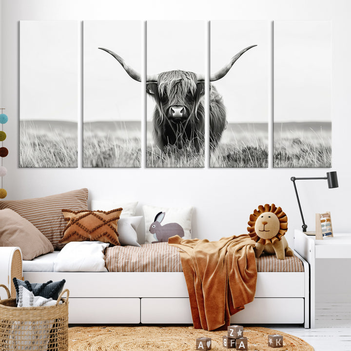 Ferme d'art mural animal de vache Longhorn, impression sur toile d'art mural écossais Bighorn