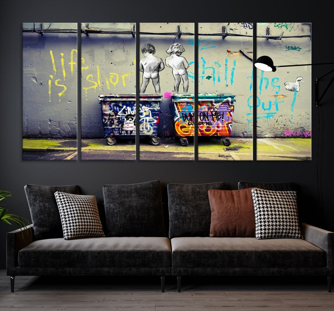 Graffiti Banksy Life Is Short Modern Abstract Large Canvas Wall Art Print for Living Room, Colorful Abstract Artwork