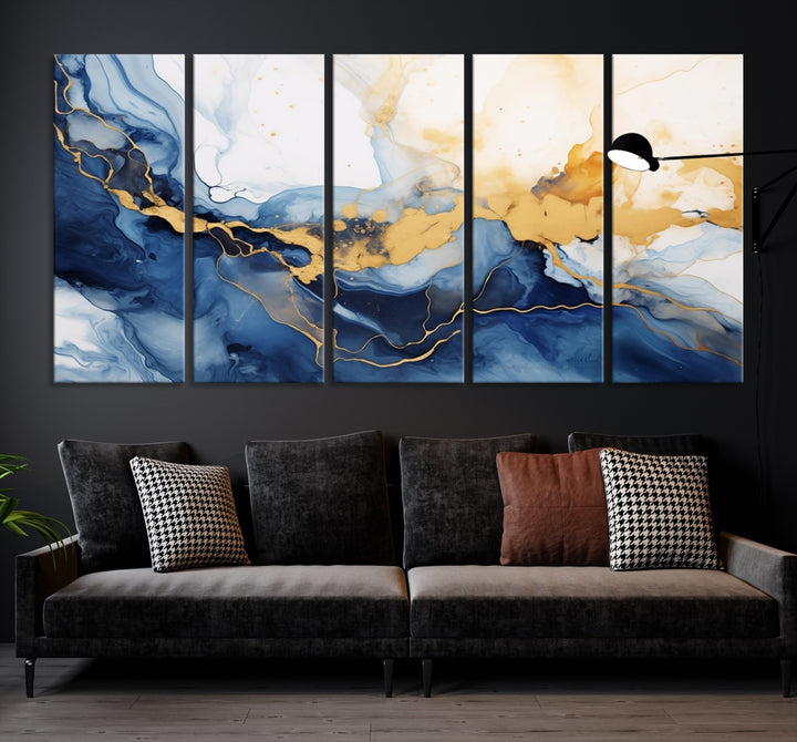 Impresión en lienzo de arte abstracto de pared azul marino y dorado para decoración moderna del hogar, oficina, sala de estar y comedor