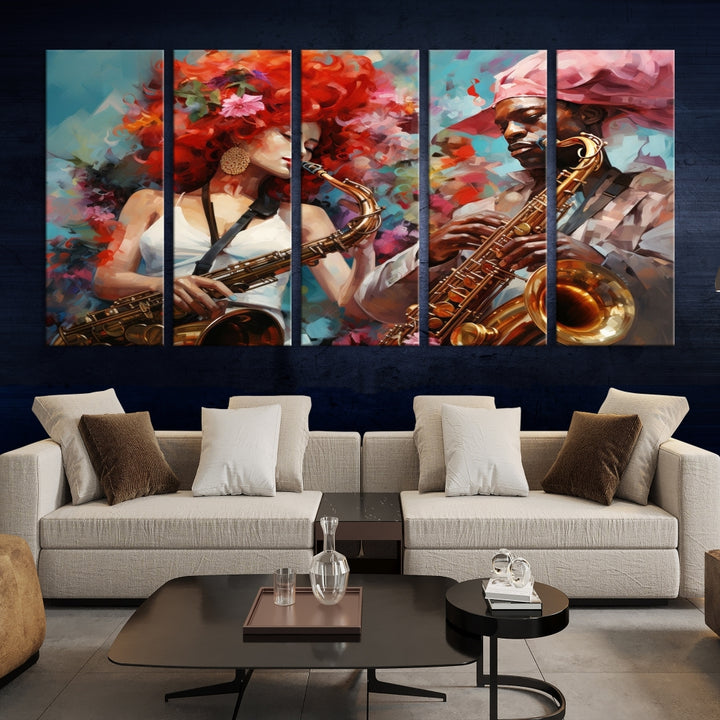 Arte abstracto de pared de músico saxofonista afroamericano para sala de estar, pintura de jazz, obras de arte para paredes, lienzo grande enmarcado, impresión de arte musical
