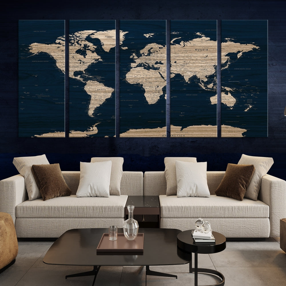 Arte de pared azul oscuro, impresión en lienzo, fondo de madera, obra de arte con mapa detallado