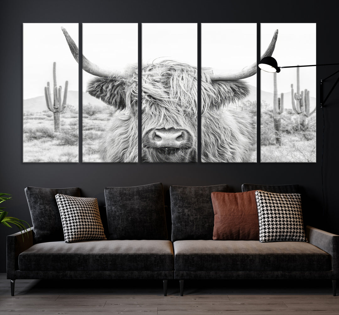 Charme rustique | Vache Longhorn Noir Blanc Bighorn Wall Art Toile Imprimer | Art mural de ferme