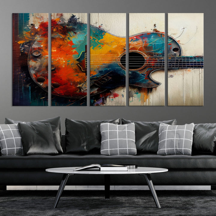 Abstract guitar colorful oil painting canvas print wall art
