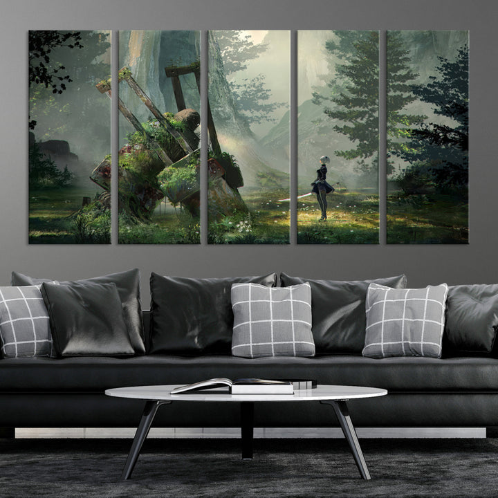 NieR Automata Video Game Wall Art Canvas Print, Framed Ready to Hang, Multi Panel Wall Art for Kids Room Decor