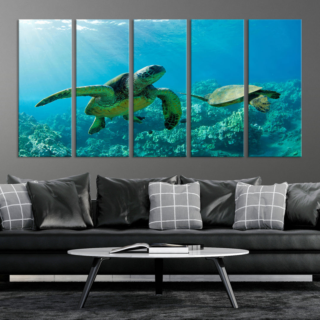 Two Beautiful Sea turtle Wall Art Canvas Print, Ocean Wild Life Print