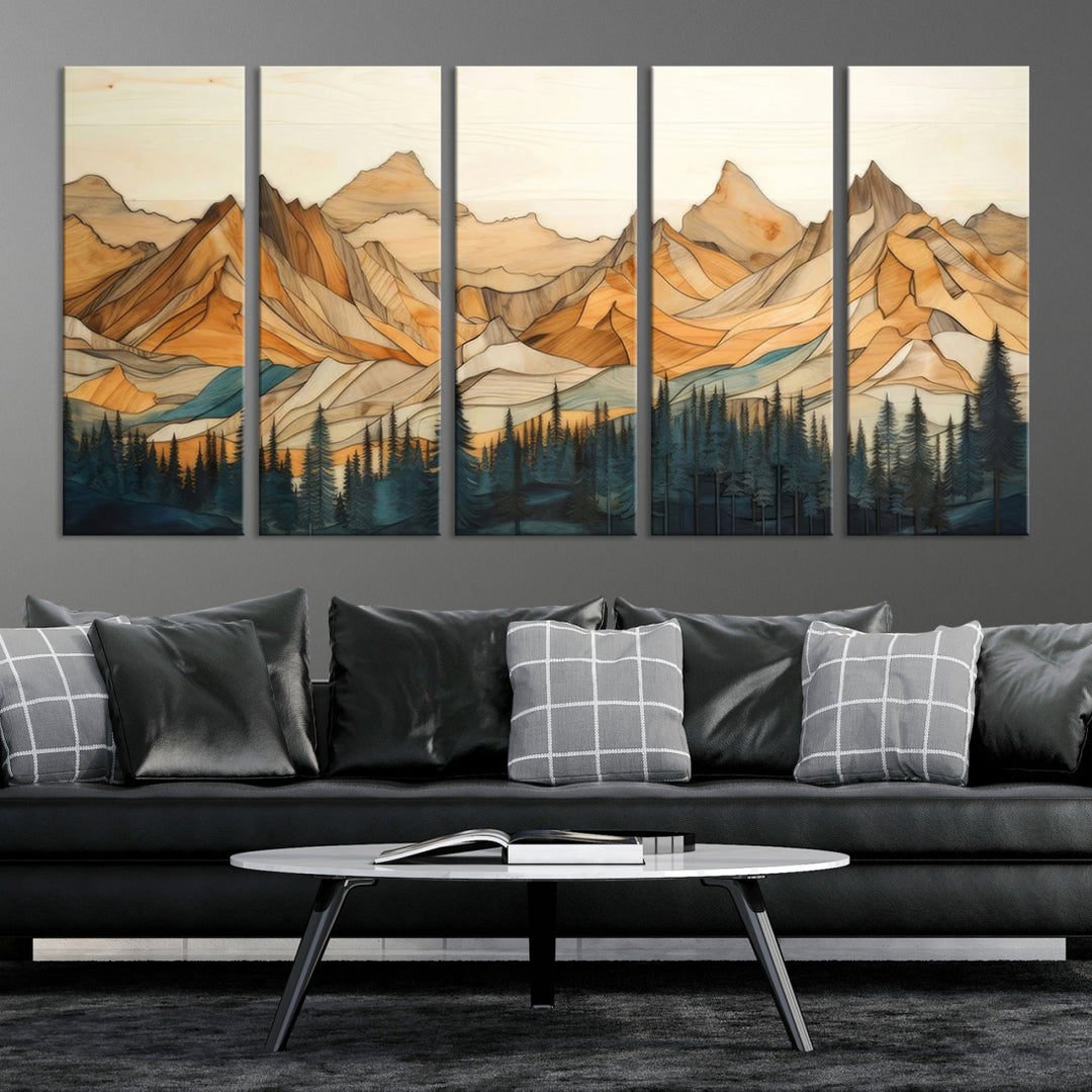 Wood Style Mountain and Forest View Wall Art Canvas Print