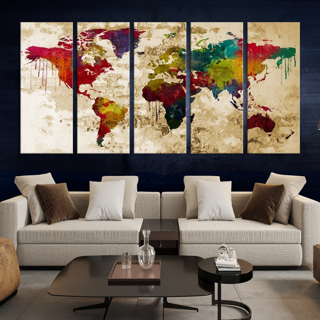 Impresión de lienzo de mapa mundial de arte de pared grande - Mapa mundial de estilo vintage de color arcoíris - Mapa mundial más vendido