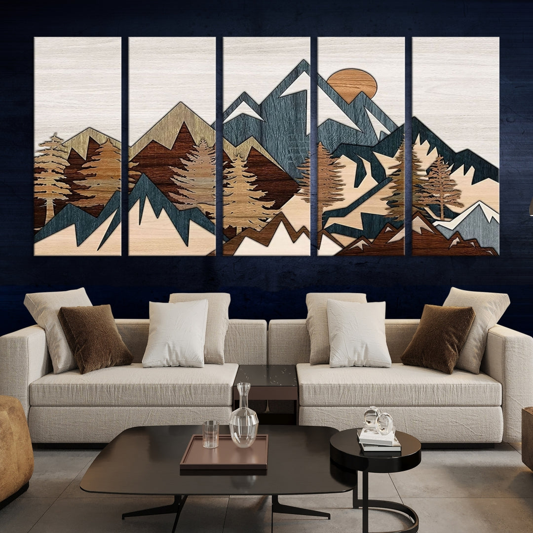Wood Panel Effect Mountain Range Top Wall Art Print Art Rustic