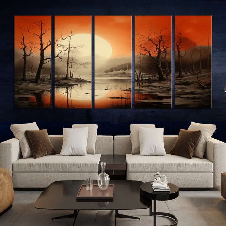 Árboles de acuarela abstractos y puesta de sol en el lago, arte de pared, impresión en lienzo para decoración moderna del hogar, oficina, sala de estar y comedor