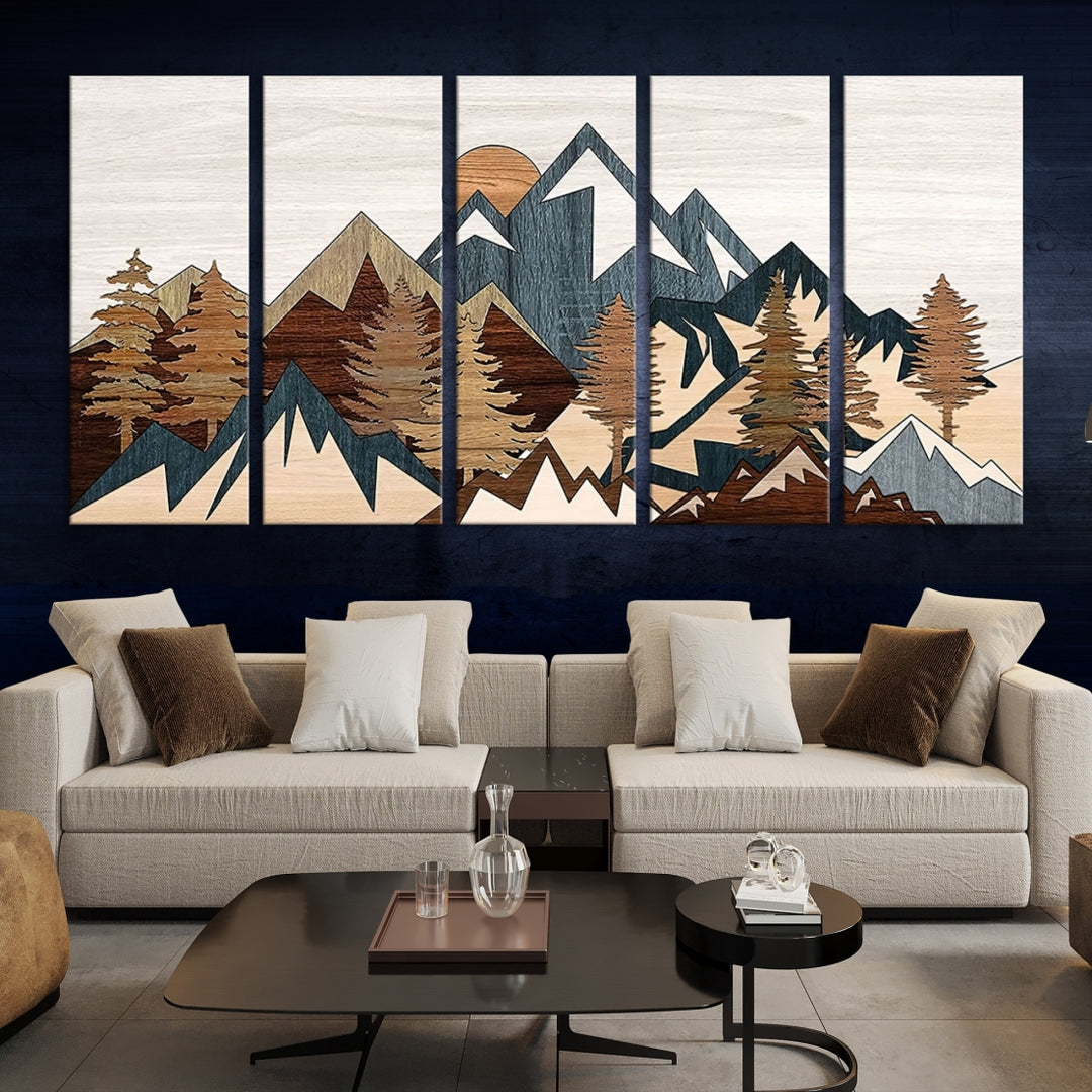 Impresión artística de pared superior de la cordillera, arte moderno, decoración rústica para sala de estar, lienzo enmarcado con efecto de panel de madera, impresión abstracta de montaña sobre lienzo 