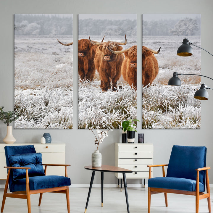 Vaches des Highlands dans la neige Art sur toile Highland Cattle Picture Art Farmhouse Art