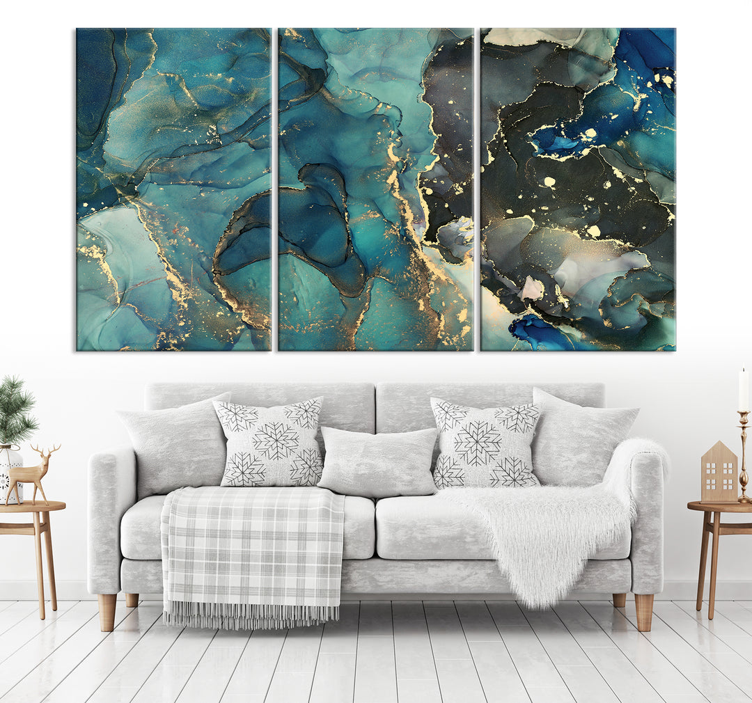 Green and Gold Marble Fluid Effect Wall Art Abstract Canvas Wall Art Print