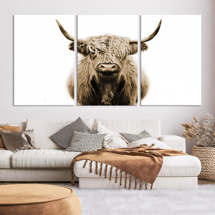 Sephia Highland Cow Canvas Wall Art Farmhouse Decor Cow Black White Print Rustic Wall Decor Animals Painting Scottish