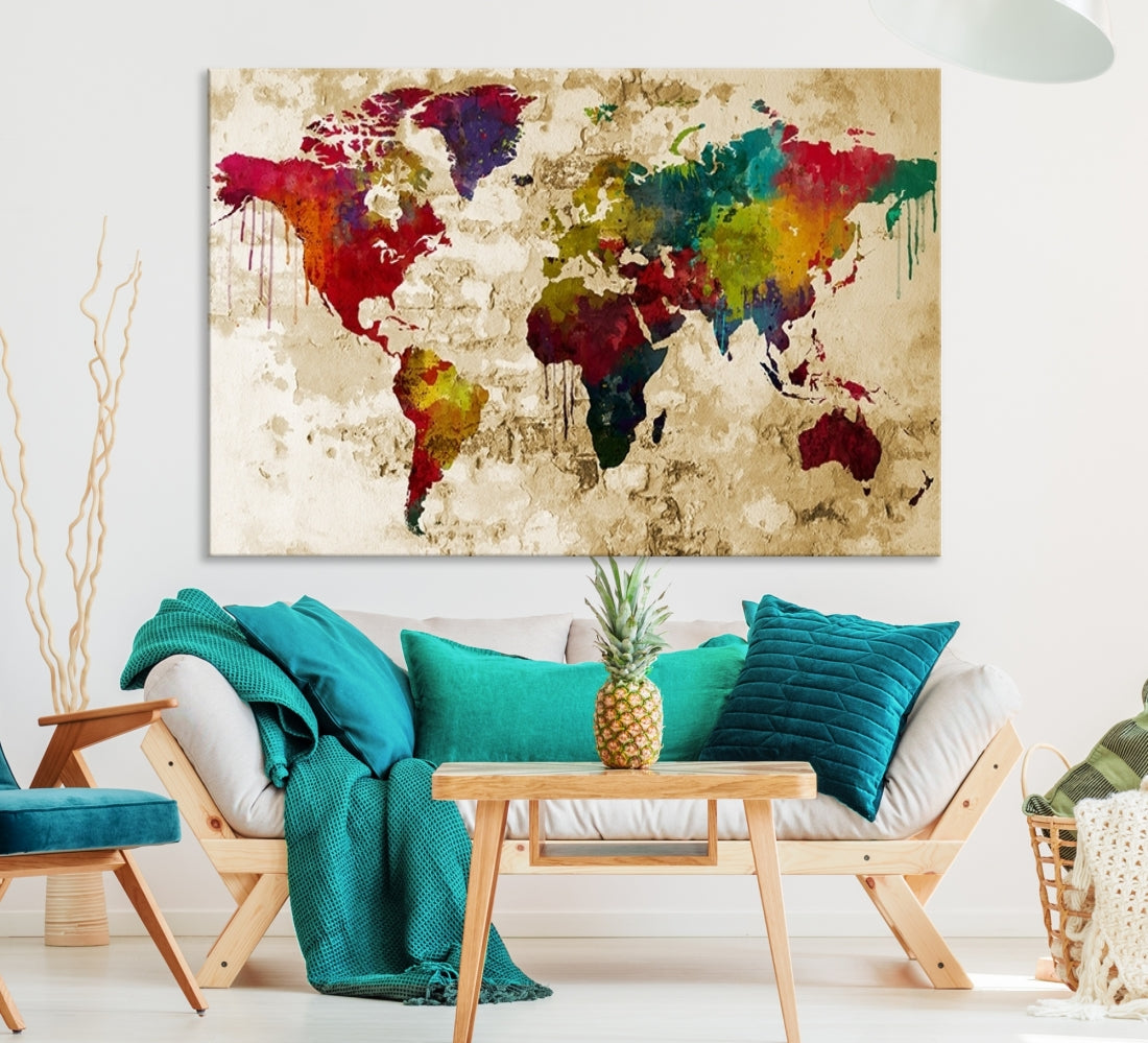 Large Wall Art World Map Canvas Print - Rainbow Colored Vintage Style World Map - Best Selling World Map