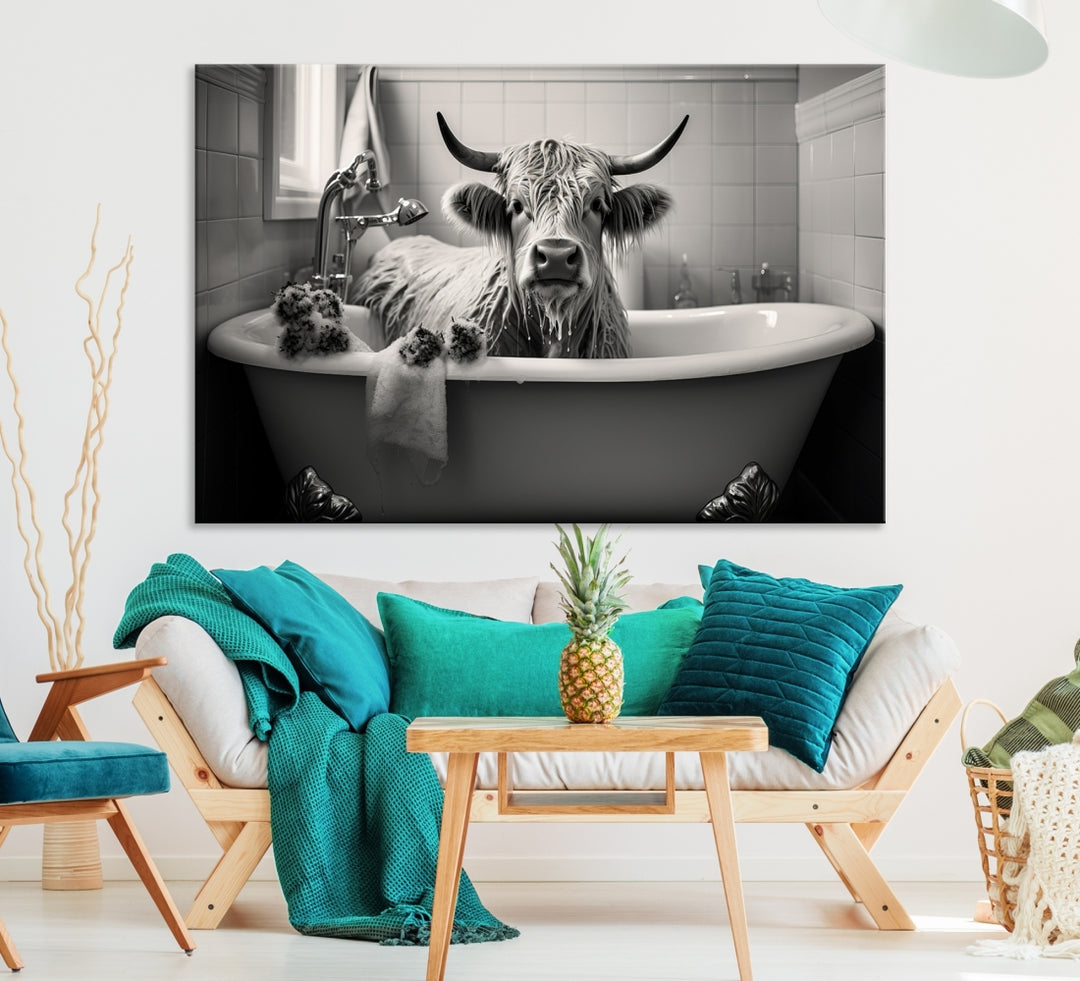 Vache vintage dans un bain moussant Art animal fantaisiste Impression sur toile Ferme