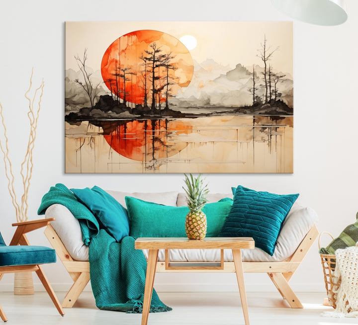 Abstract Watercolor Trees and Sun on Lake Wall Art Canvas Print
