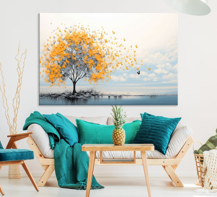 Impresión de lienzo de arte de pared de mariposa y árbol abstracto, impresión de pintura abstracta naranja azul