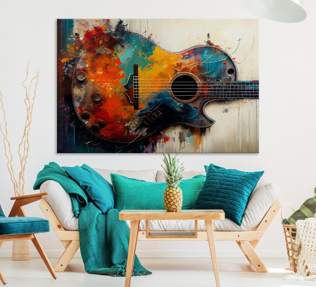 Peinture à l'huile colorée de guitare abstraite, art mural imprimé sur toile