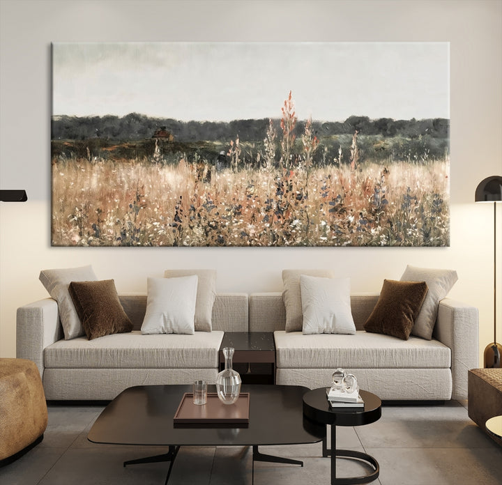 Impresión de pintura al óleo de paisaje de campo de flores silvestres, impresión de arte de paisaje vintage, arte de pared de campo campestre