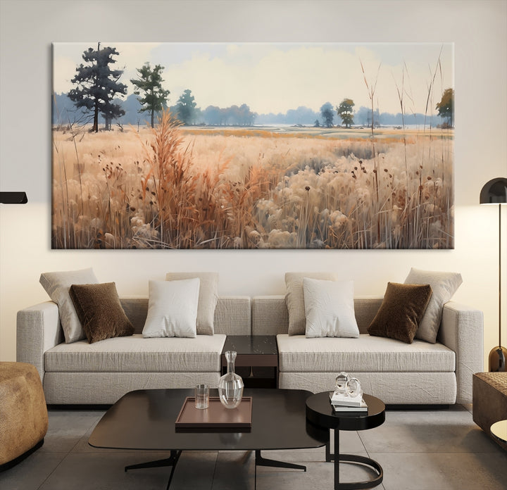 Pintura al óleo del paisaje del campo de flores silvestres, impresión del arte del paisaje vintage, arte de la pared del campo del campo