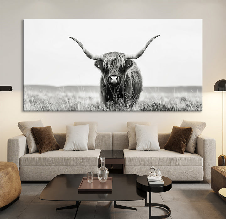 Ferme d'art mural animal de vache Longhorn, impression sur toile d'art mural écossais Bighorn