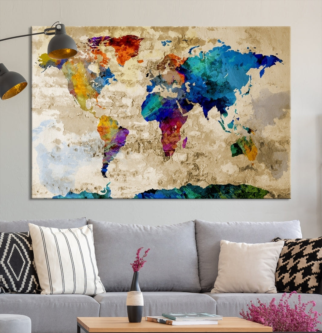 Acuarela mapa del mundo lienzo impresión gran mapa del mundo arte de la pared gran diseño gran idea de regalo