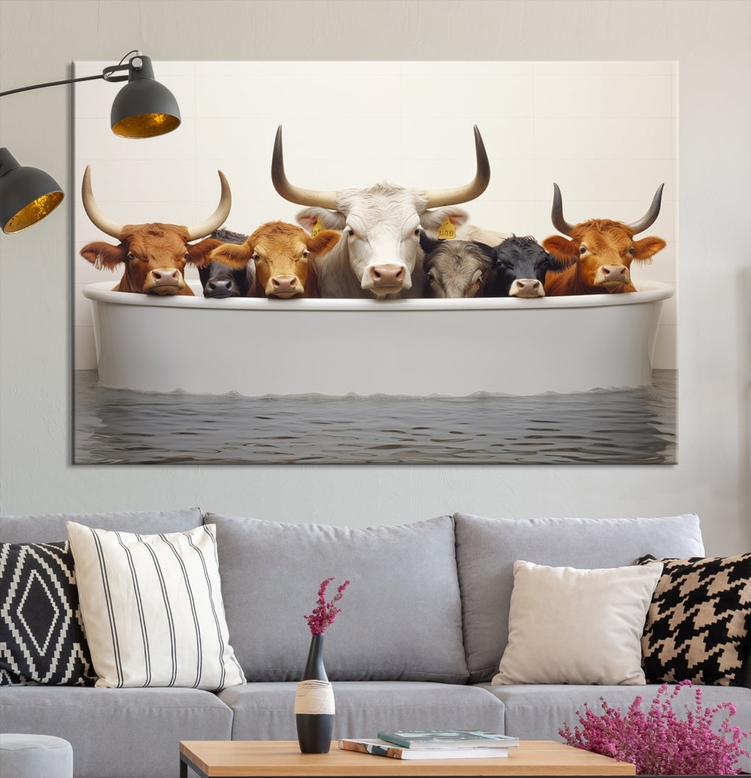 Cow in Bathtub Wall Art Canvas Print