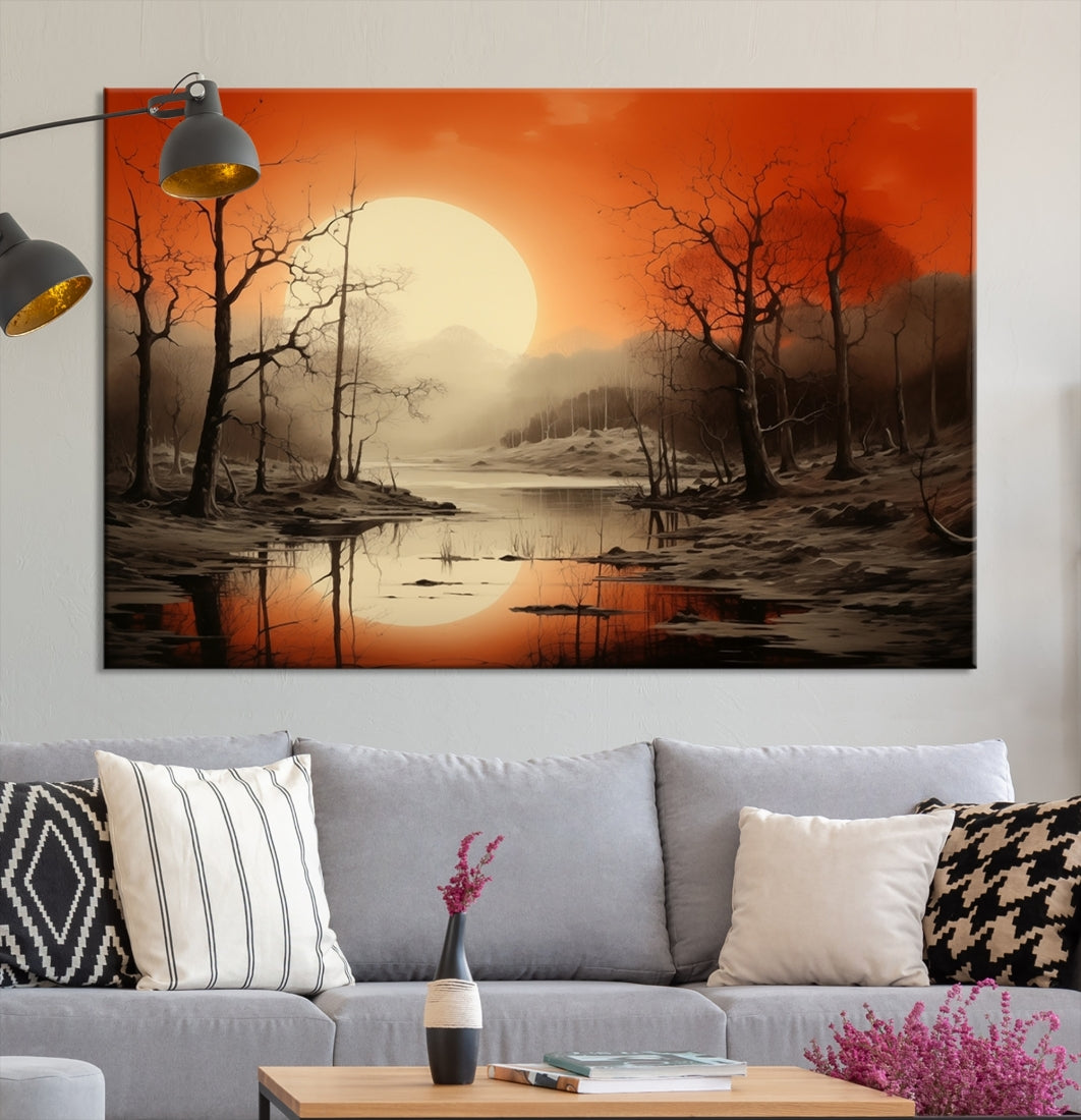 Art mural Arbres aquarelles abstraits et coucher de soleil sur le lac