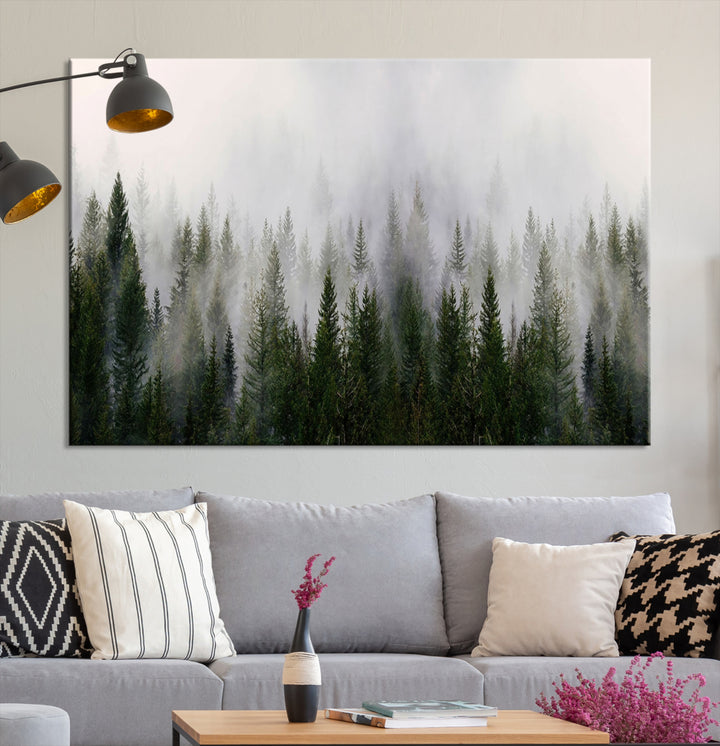 Impression sur toile d’art mural forestier | Art mural de la forêt brumeuse | Impression de forêt de bois de pin