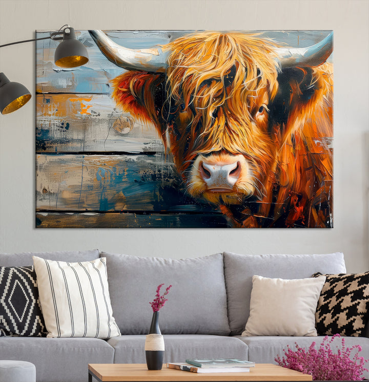Lienzo de vaca de las tierras altas escocesas, arte de pared con textura de ganado, pintura al óleo, impresión de vaca roja de pelo largo, decoración de arte de pared de cerca, impresión de arte de pared de granja