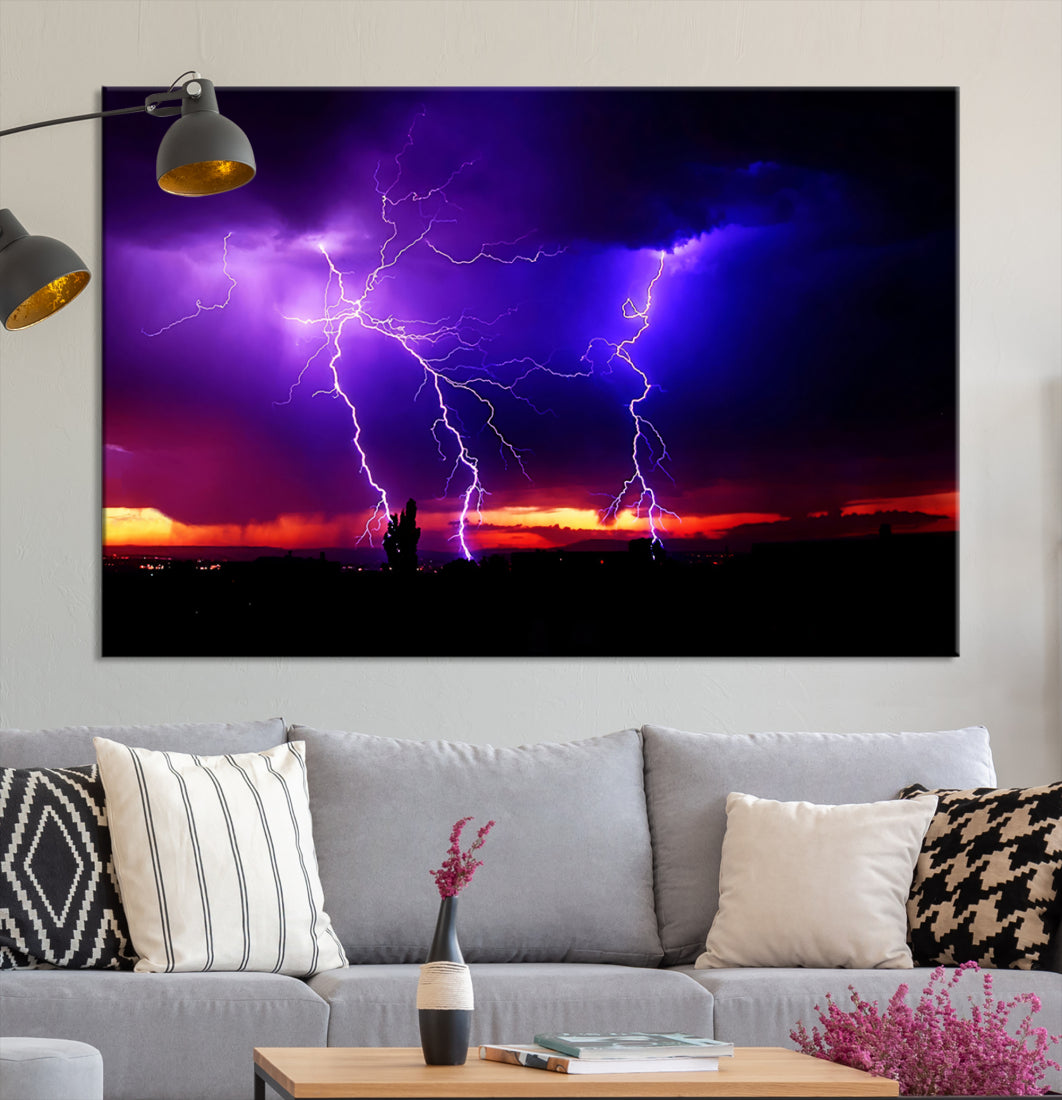 Night Lightning Storm Wall Art Canvas Print, Framed, Ready to Hang, Living Room Decor