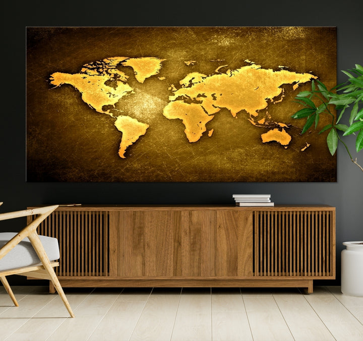 Mapa del mundo amarillo moderno sobre fondo amarillo metálico