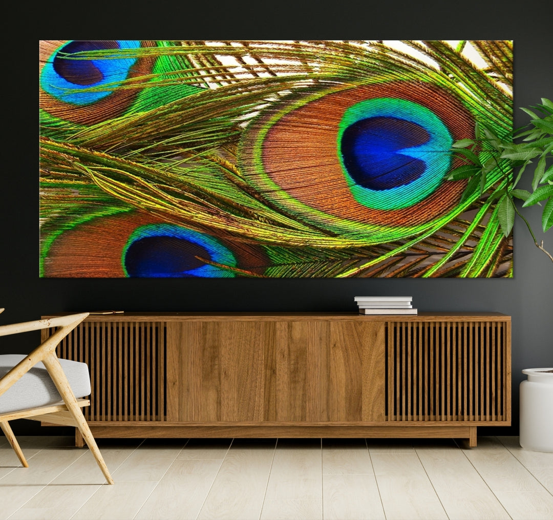 Art mural imprimé sur toile avec aile de paon à trois yeux