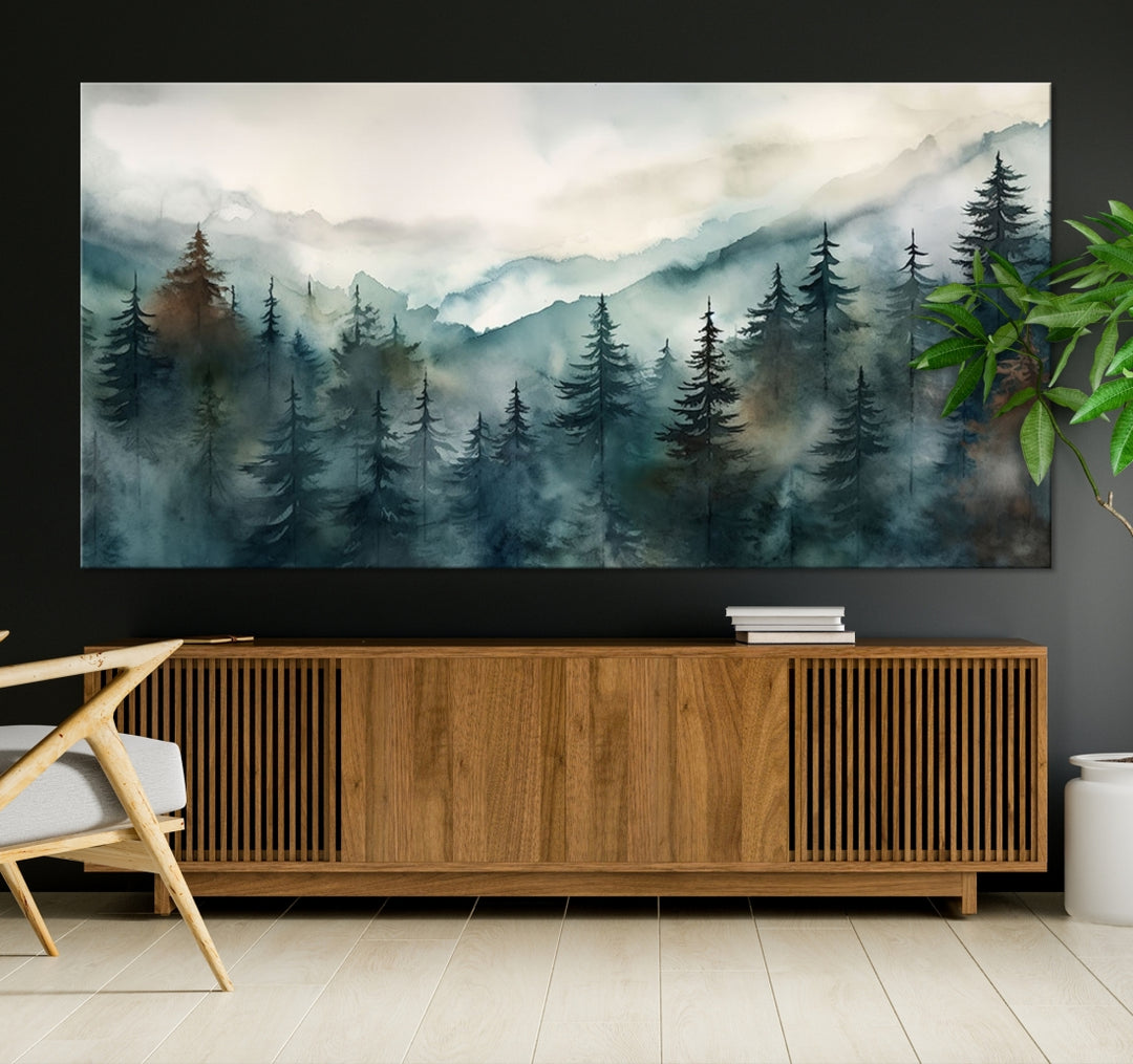 Impresión abstracta de la lona del arte de la pared de la montaña del bosque de pinos de la acuarela para la decoración casera moderna