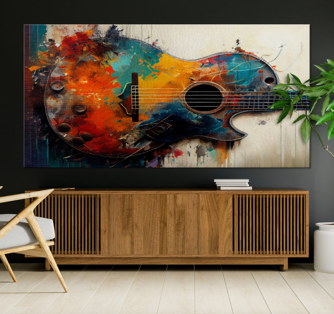 Guitarra abstracta colorida pintura al óleo lienzo impresión arte de la pared, impresión de lienzo de guitarra, lienzo de música de alta calidad, decoración de pared de instrumentos musicales