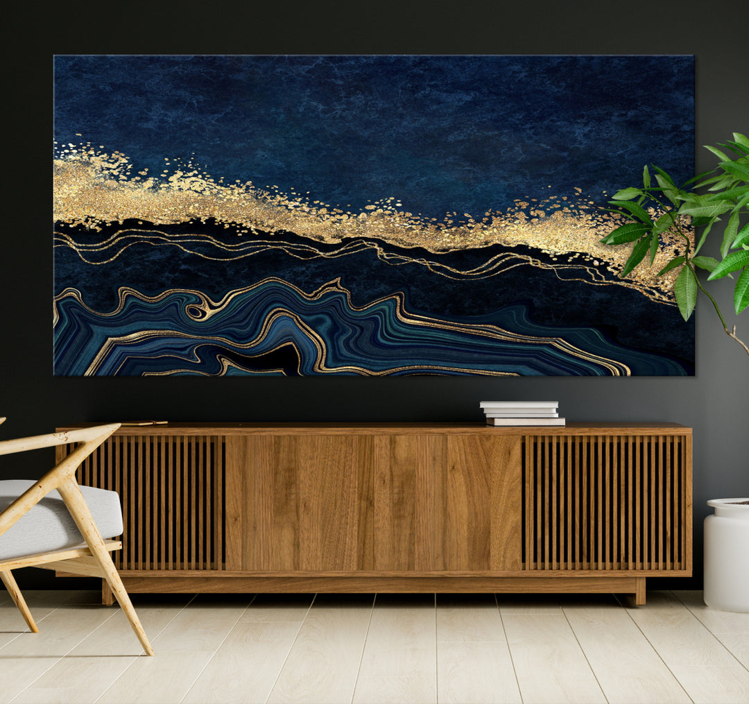 Arte de pared grande con efecto fluido de mármol azul marino, lienzo abstracto moderno, impresión artística de pared
