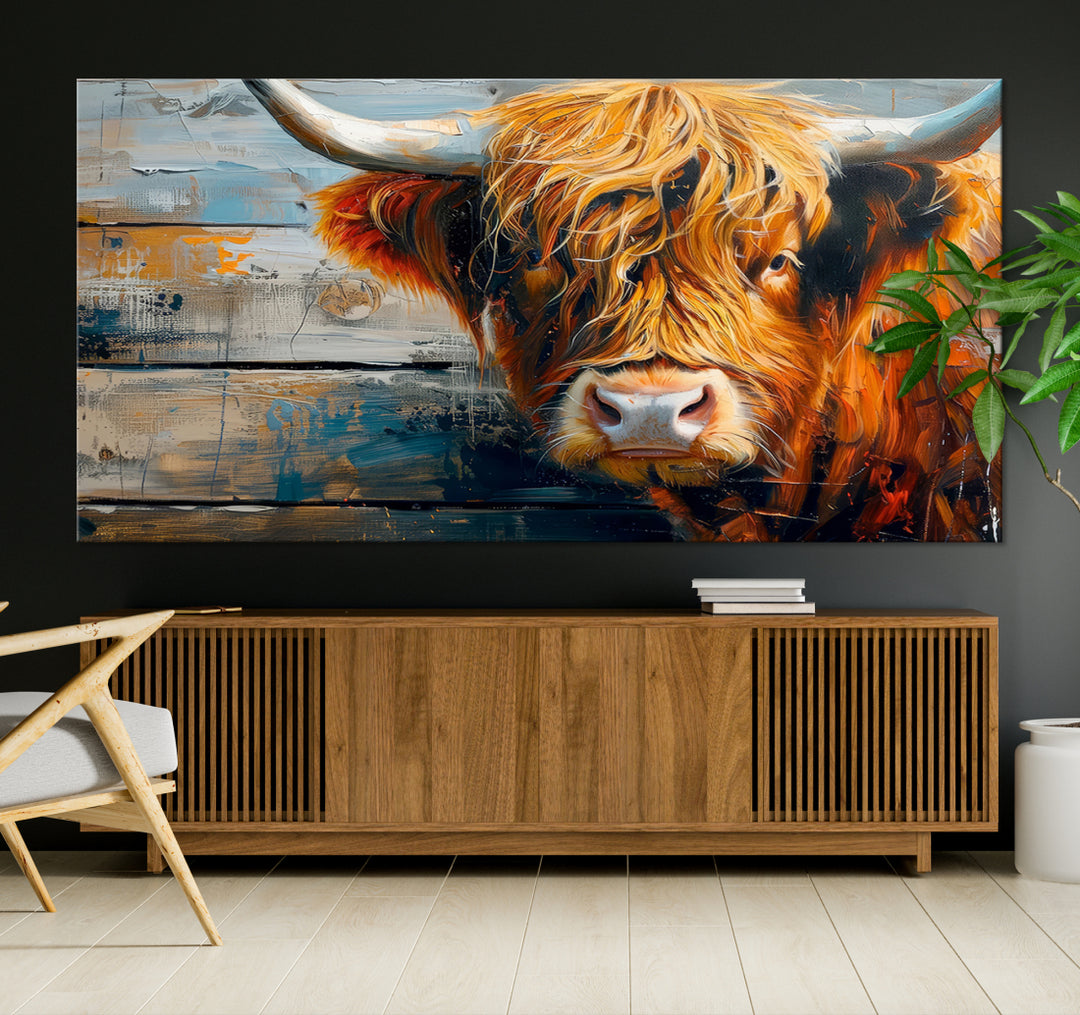 Lienzo de vaca de las tierras altas escocesas, arte de pared con textura de ganado, pintura al óleo, impresión de vaca roja de pelo largo, decoración de arte de pared de cerca, impresión de arte de pared de granja