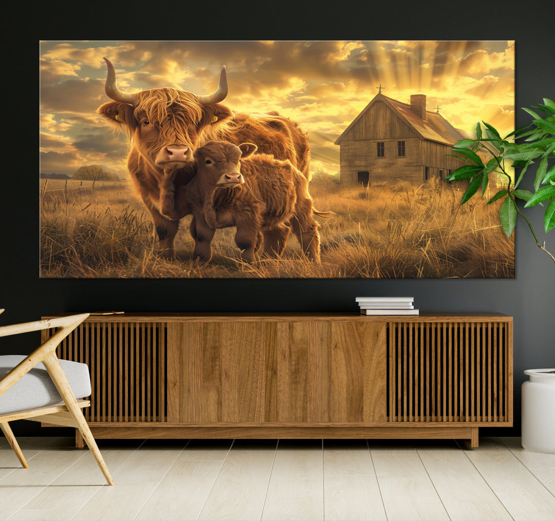Barn and Highland Cow Canvas Wall Art Animal Print