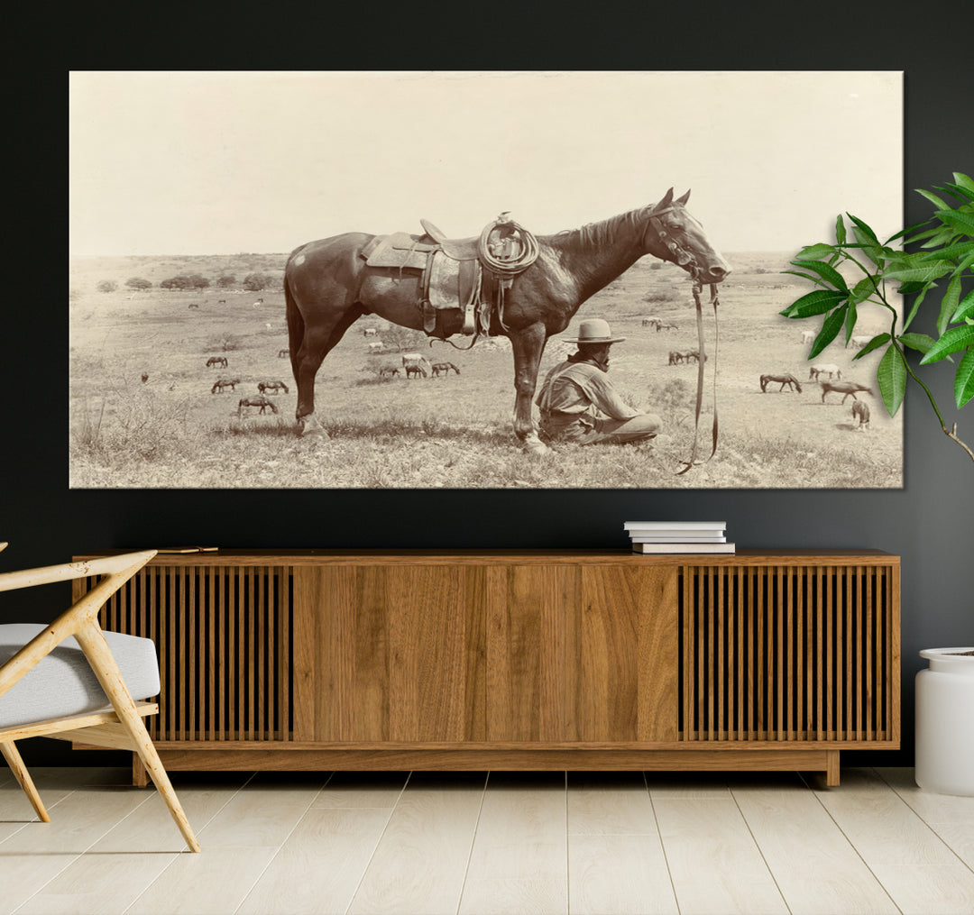 Cowboy With His Horse Looking Over The Ranch - Texas Circa 1910 for Western Wall Decor