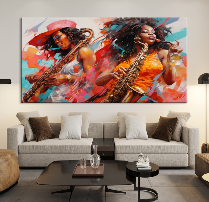 Arte abstracto de la pared de las mujeres del músico del saxofonista afroamericano para la sala de estar, arte de la pared de la música del jazz