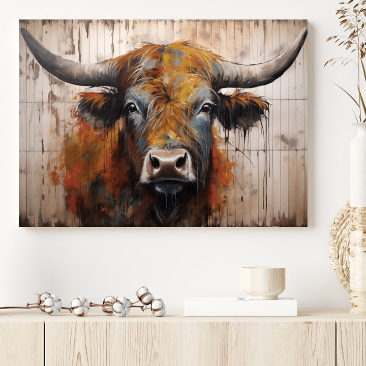 Vache abstraite aquarelle sur fond de bois Art mural Impression sur toile
