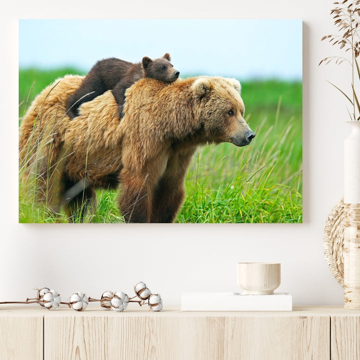 Bear and Cub Canvas Print Black and White Animal Wall Art Cabin Wall