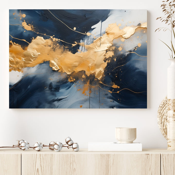 Navy Blue and Gold Abstract Multi Panel Wall Art Canvas Print