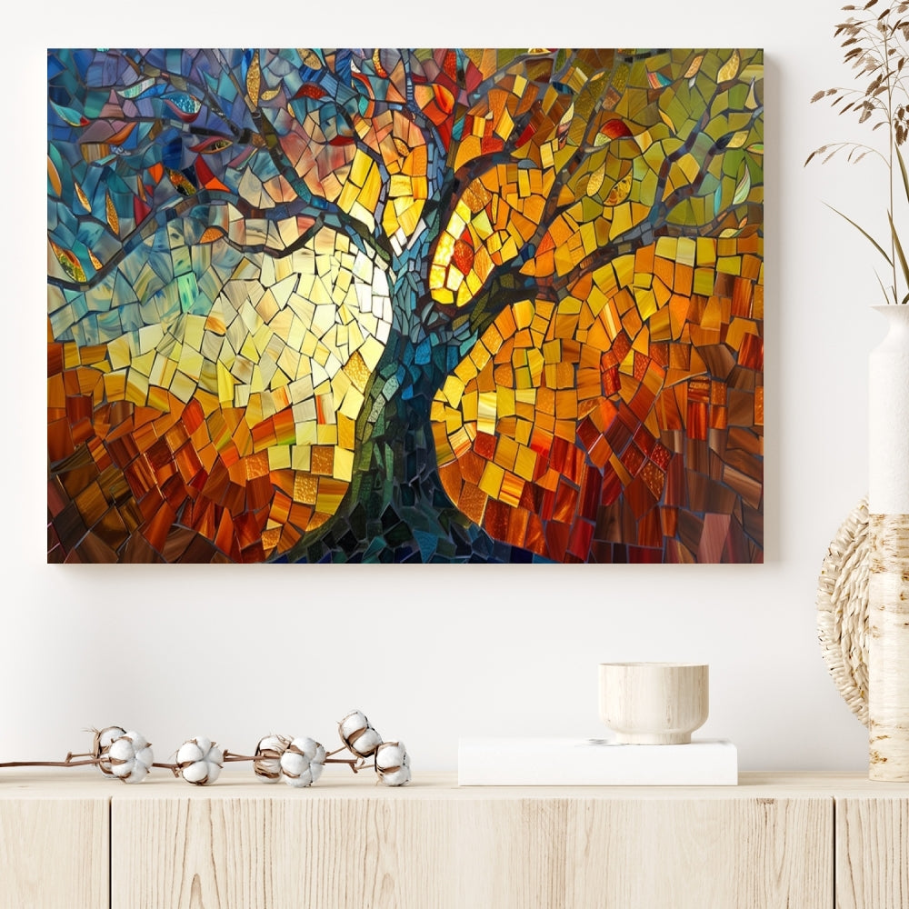 Arte del árbol de la vida, pintura de mosaico colorido de Yggdrasil, impresión de lienzo de vidrieras, arte de mitología nórdica, regalo de mitología, obras de arte celtas