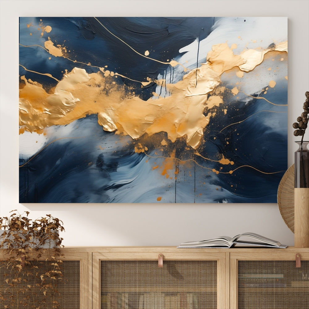 Lienzo decorativo para pared con múltiples paneles abstractos en azul marino y dorado