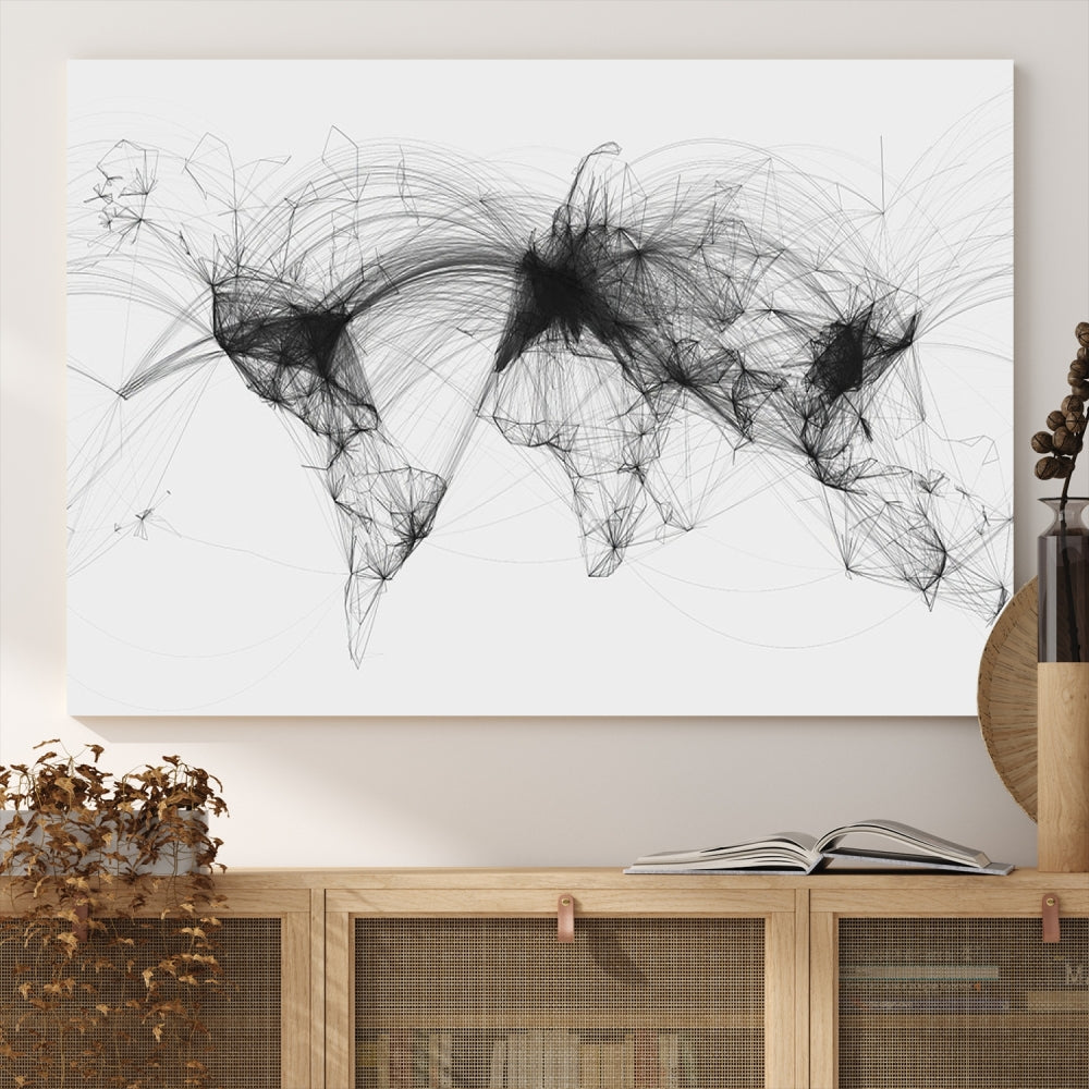 Art mural sur toile avec carte du monde des routes aériennes du trafic aérien