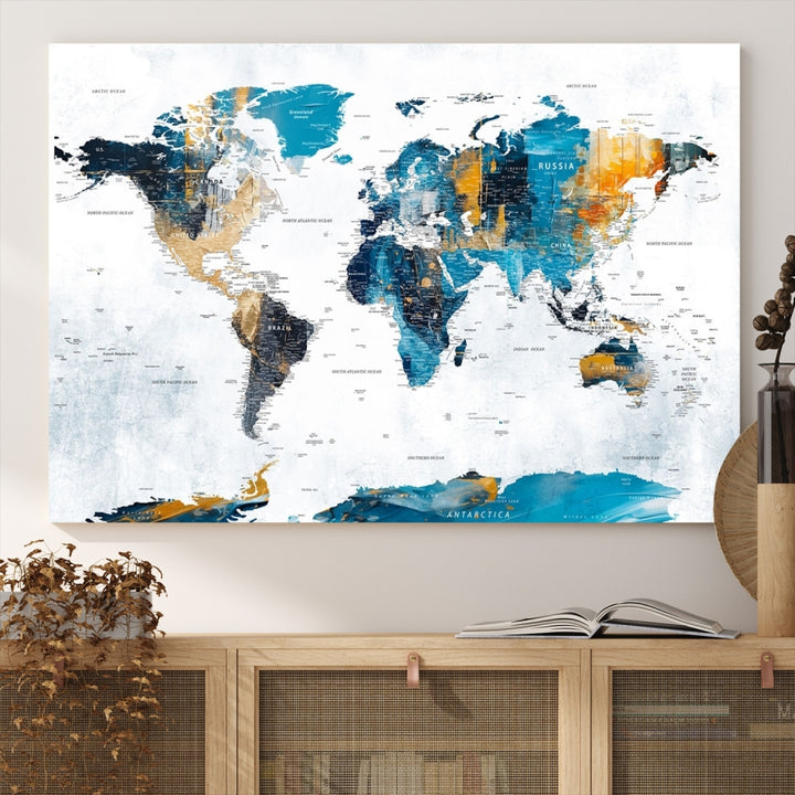 Turquoise Orange World Map Canvas Wall Art
