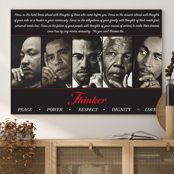Thinker Wall art, Martin, Obama, Malcolm X, Mandela, Marley, Thinker Quintet Peace Power Respect Dignity Love Canvas Print, African Art Gift