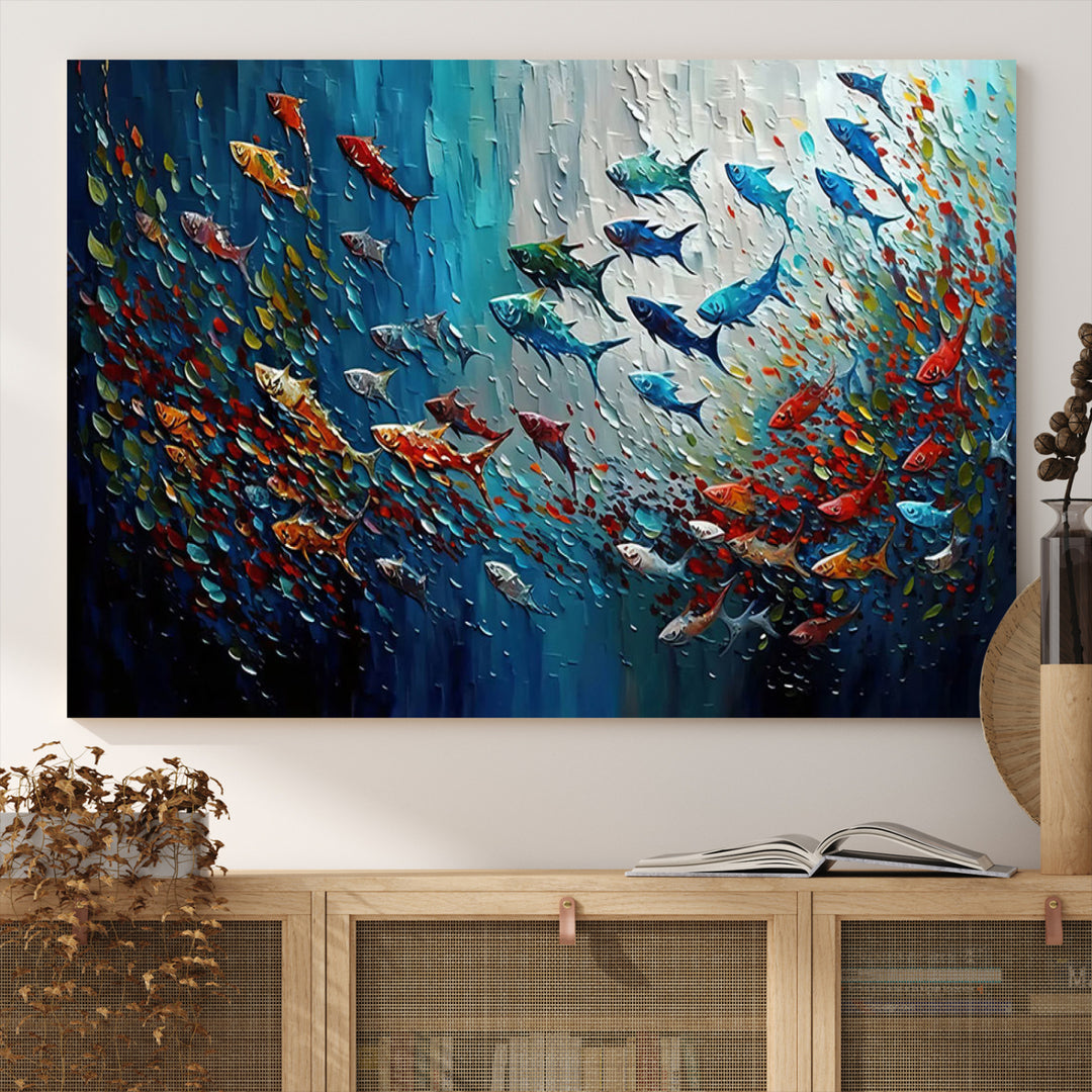 Abstract Fish Shoal Wall Art Canvas Print, Colorful Fish Herd Painting on Canvas Print, Ocean Animal Artwork, Ready to Hang
